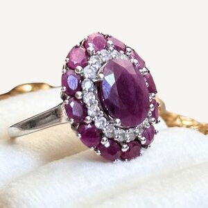 Natural Ruby & White Topaz Sterling Cocktail Ring size 9.5